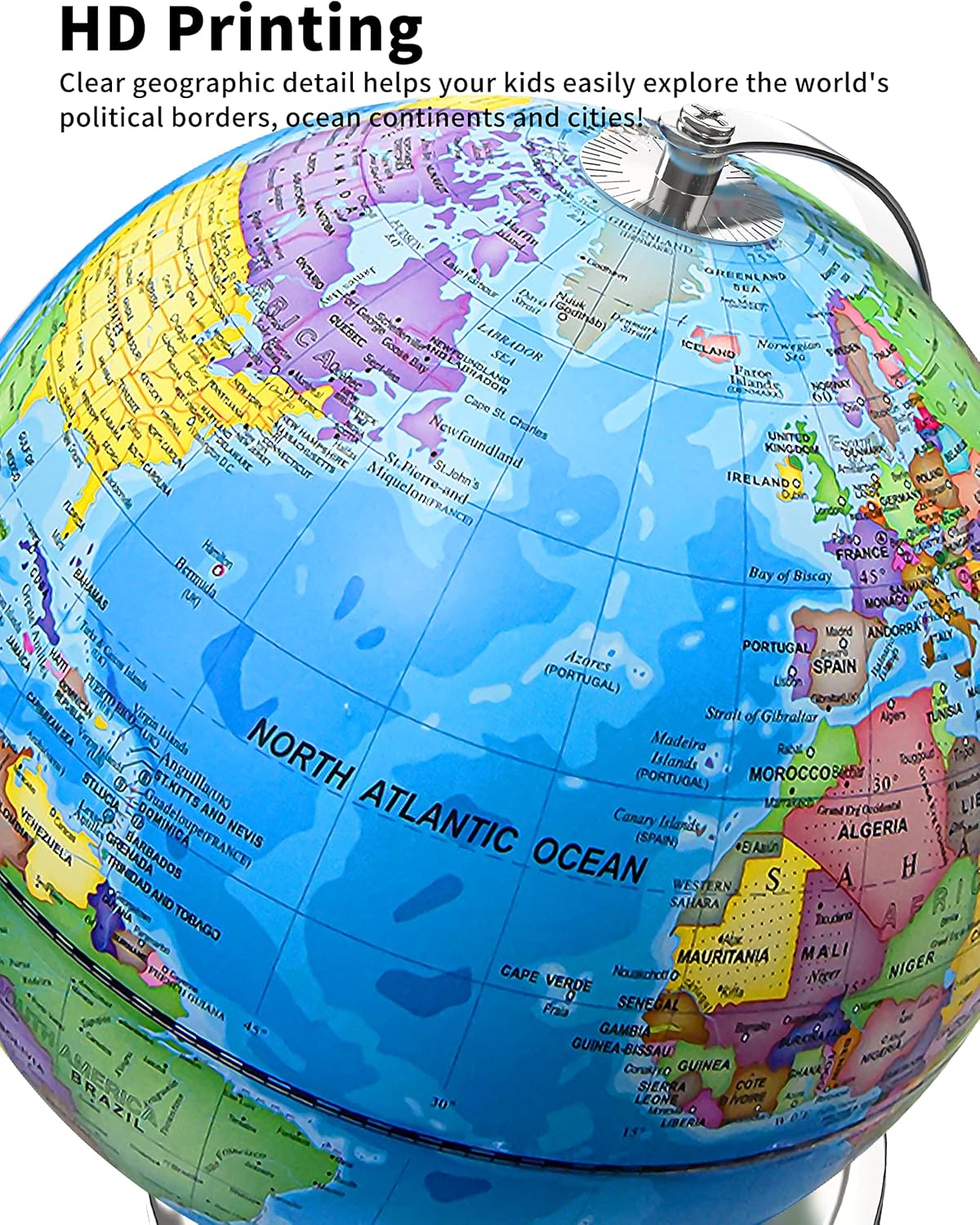 Waldauge Illuminated World Globe - 9" Earth Globe with LED Night Light & Heavy Metal Base for Kids