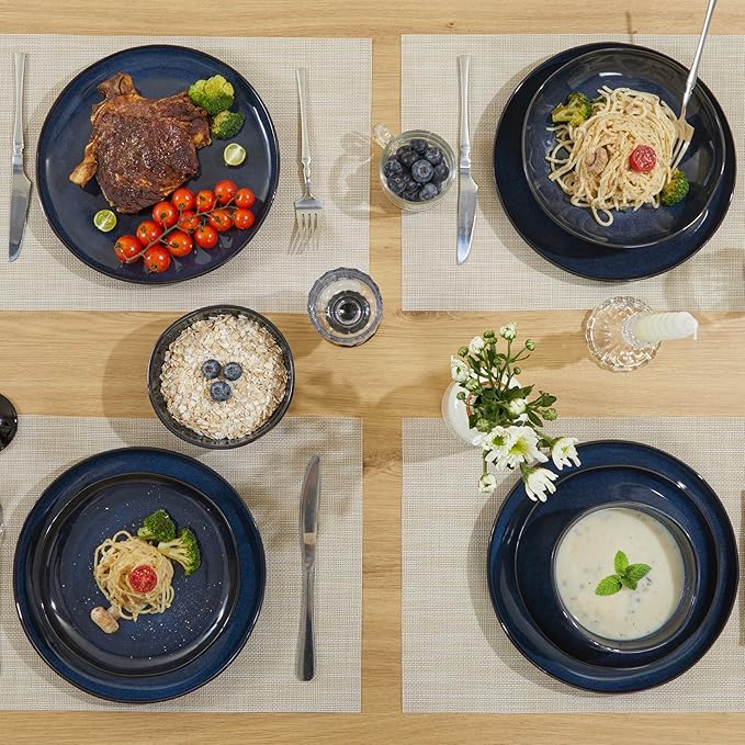 Pokini 18 Piece Stoneware Dish Set for 6, Reactive Glaze Ceramic Plates and Bowls Set | Coastal‑Inspired Irregular Design for Casual Entertaining & Intimate Dinners | Dishwasher & Microwave Safe