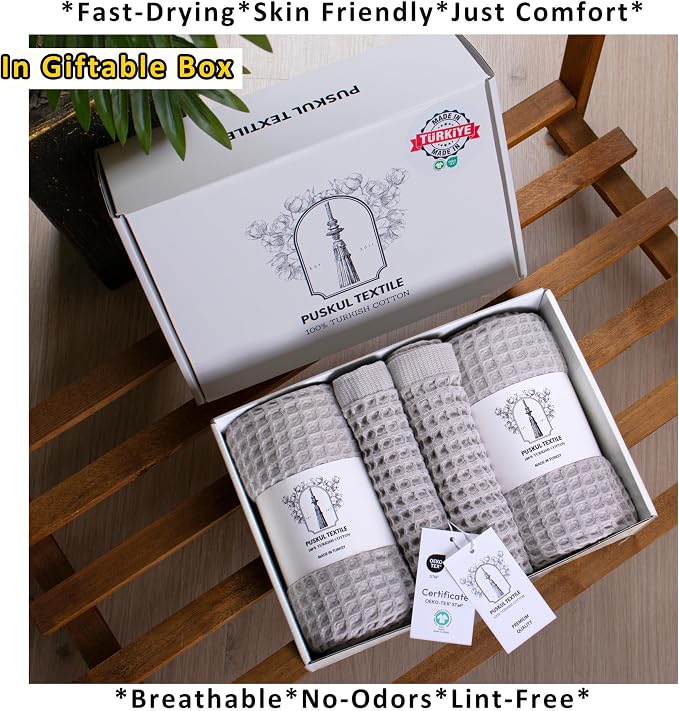 PÜSKÜL 4-Piece Natural 100% Turkish Cotton Luxury Waffle Towels for Bathroom | Premium Honeycomb Weave 2 Hand Towel & 2 Bath Towel Set | Soft Absorbent Quick-Dry Lightweight Towels (Gray)