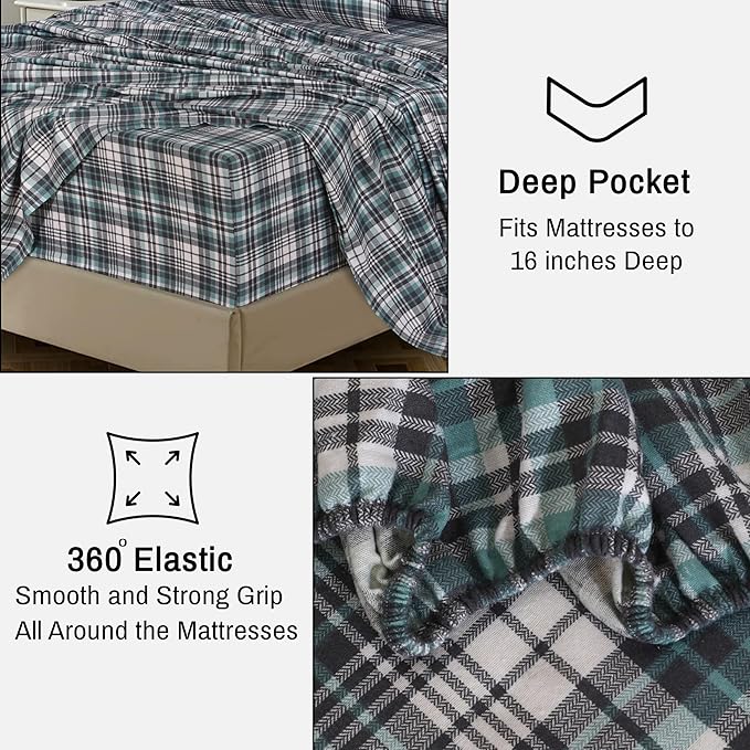 RUVANTI Flannel Sheets Full Size - 100% Cotton Double Brushed Bed Sheets Set, Deep Pockets 16 Inches, All Seasons Breathable & Extra Soft Full Sheets, Warm & Cozy, 4 Piece, Mint Grey