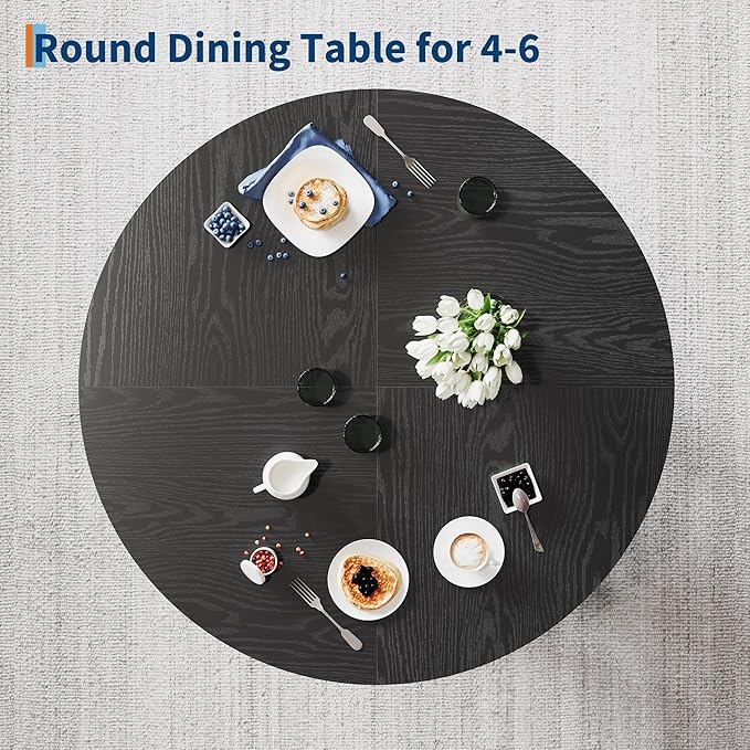 IDEALHOUSE 47" Round Dining Table for 4-6, Wood Kitchen Table with Sturdy Base, Farmhouse Circle Dinner Table for Dining Room, Living Room, 4 Strong Legs, Black