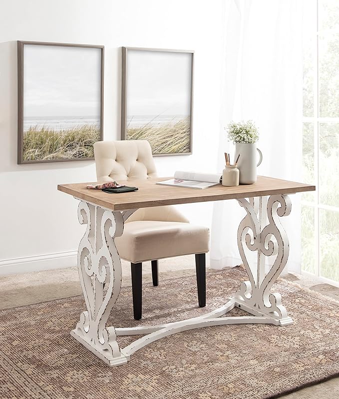 Kate and Laurel Wyldwood Farmhouse Wooden Desk; 46 x 24 x 30; Brown and White; Rustic Carved Wood Computer Desk for Functional and Stylish Home Office Decor