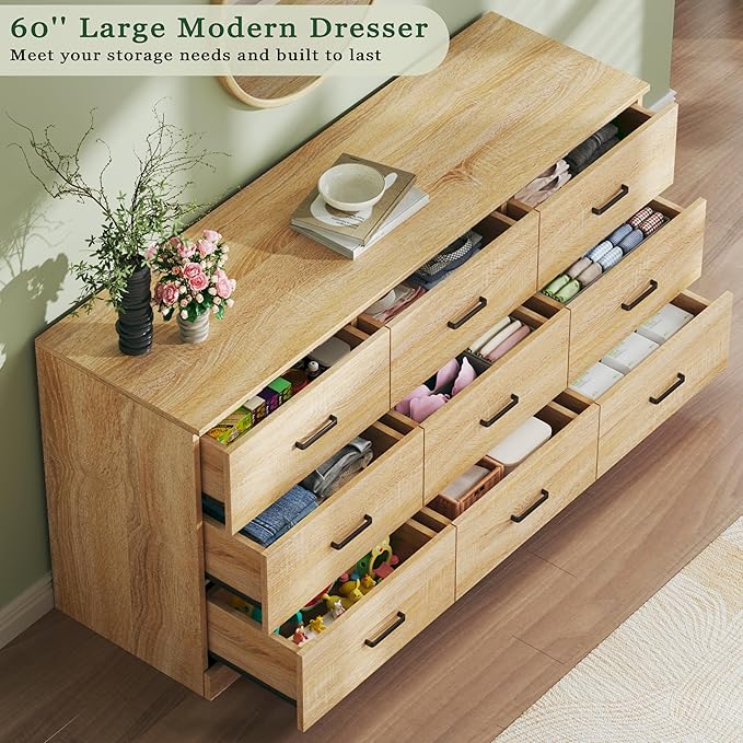 9 Drawer Dresser for Bedroom, 60'' Long Mid Century Modern Dressers TV Stand, Wood Vintage Chests of Drawers, Large Storage Organizer for Bedroom, Closet, Entryway, Natural Oak