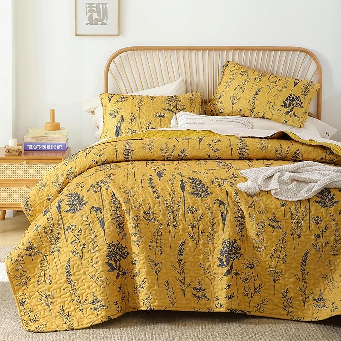 JANZAA King Size Ginger Quilt Bed Spread Boho Quilt Set 3 Pieces Lightweight Comforter Reversible Bedding Set, 1 Quilt 104x90 inches, 2 Pillowcases