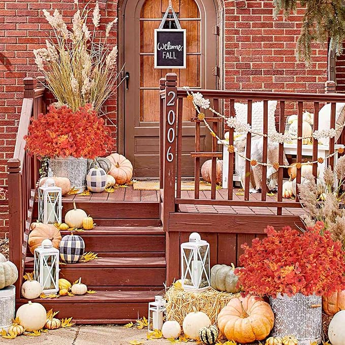 Artificial Fall Flowers Outdoor UV Resistant Fake Mums Bulk Outdoor Faux Mums Plants Plastic Flower Decorations for Home Garden Porch Hanging Planter Vase Autumn Decor Outside, 12 Bundles (Orange)