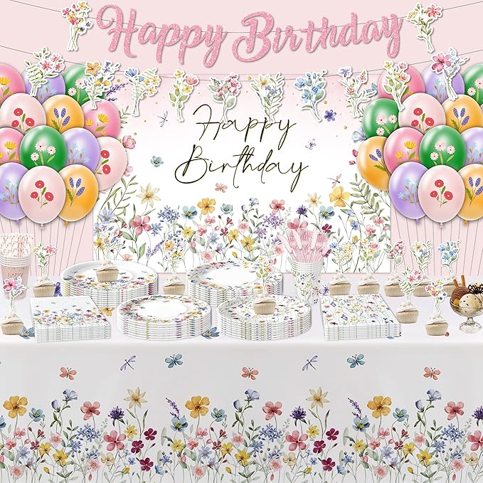 Wildflower Party Supplies, Floral Party Decorations Tableware, Plate, Napkins, Cup, Cutlery, Tablecloth, Backdrop, Banner, Spring Summer Flower Decorations For Birthday, Baby Shower, Serve 24