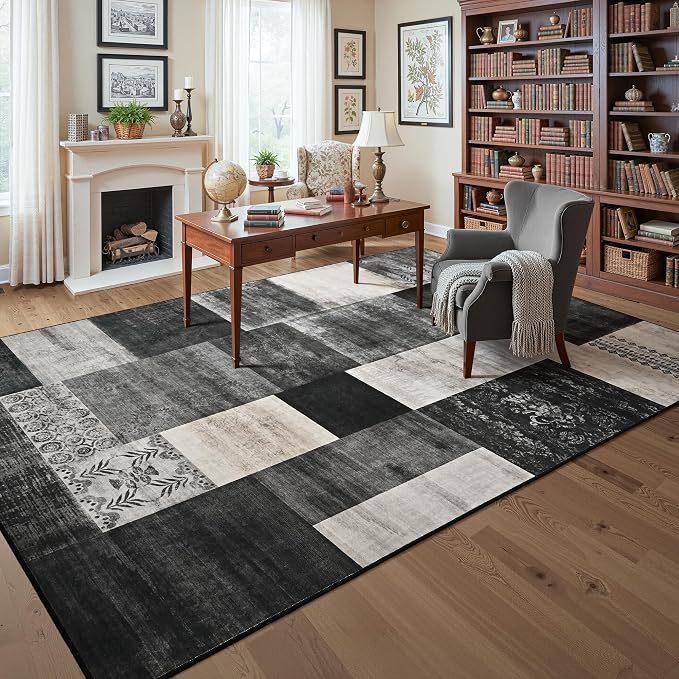 Tepook 4x6 Area Rugs for Living Room, Modern Large Geometric Rug for Bedroom, Washable Patchwork Rug Indoor Non Slip Throw Carpets for Dining Room Office Farmhouse Home Decor, Black and White