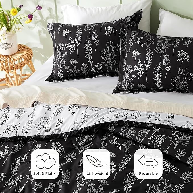 Bedsure California King Comforter Set - Black Bed Set, 3 Pieces Cute Floral Bedding, 1 Soft Reversible Botanical Flowers Comforter and 2 Pillow Shams