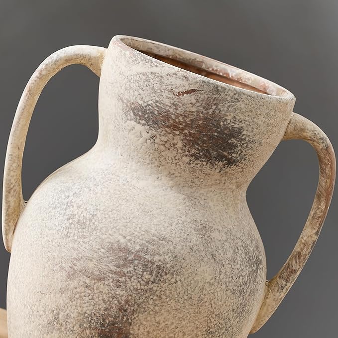 Antique Ceramic Rustic Vase with 2 Handles, Farmhouse Round Flower Vase, Vintage Terracotta Vases for Home Decor, Wedding, Living Room, Table, Shelf Decor - 8.6 Inch Tall, Terra