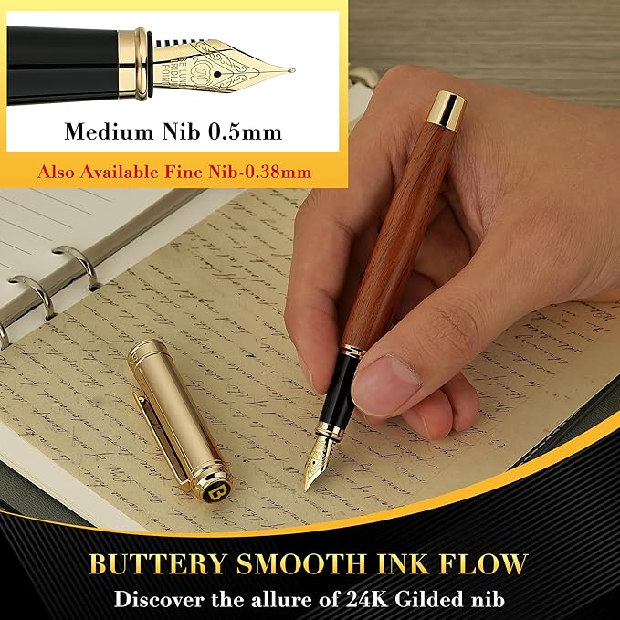 BEILUNER 316 Fountain Pen,Stunning Luxury Rosewood,24K Gilded Nib(Medium),Gorgeous 24K Gold Finish, Ink Converter,Best Gift for Men&Women-Fancy,Executive,Nice Pens for Writing, RD-M