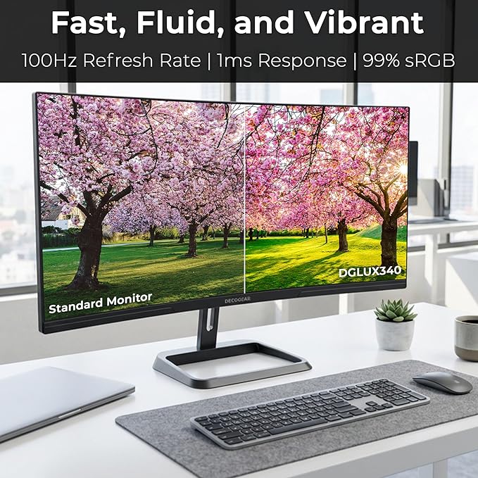Deco Gear 34-Inch Business Curved Super UltraWide WQHD Monitor 3440 × 1440 R1500 100Hz 1ms 99% sRGB HDR 2× DisplayPort 2× HDMI Tilt Adjustable PIP/PBP Low Blue Light, American Seller