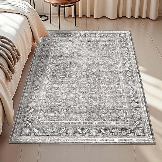 OPPODREAM Vintage Grey Area Rugs 3x5, 3 x 5 Retro Washable Rug Non Slip, Low-Pile Faux Wool Carpet, Distressed Gray Floor Mat for Living Room, Bedroom, Kitchen, Office, Dorm, Dinning Room