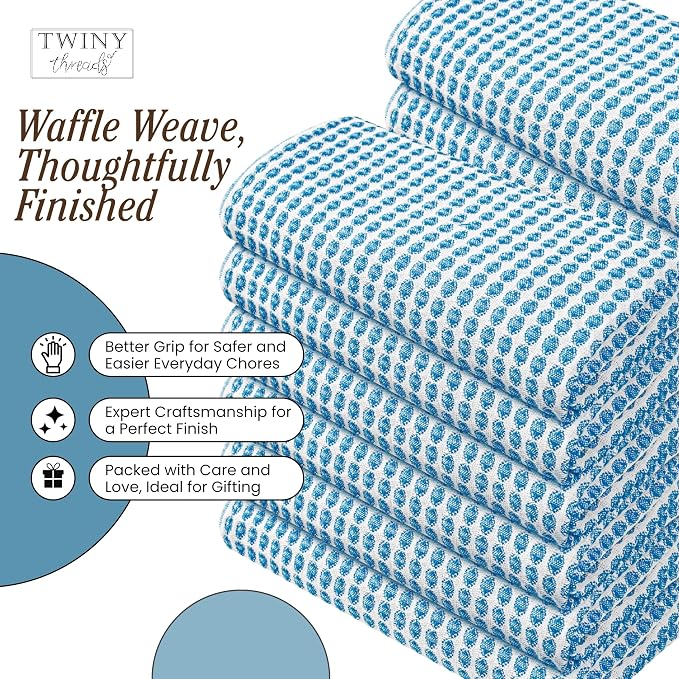 TWINY threads Circle Waffle Dish Towels 4 Pack, 16x26 Inches, 100% Cotton, Premium, Heavy Duty, Soft Touch, Waffle Weave Tea Cloths, Excellent for Wiping Counters, Washing Dishes, Turquoise Blue