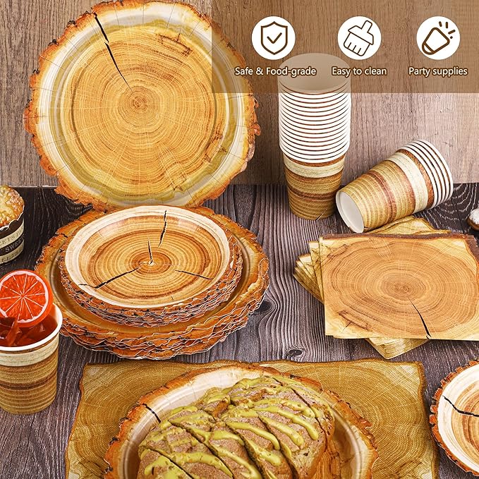 96 Pieces Camping Wood Grain Slice Tableware Set Rustic Wood Party Supplies Including Paper Plates Cups Napkins Serves 24 Guests for Hunting Baby Shower Lumberjack Birthday Party
