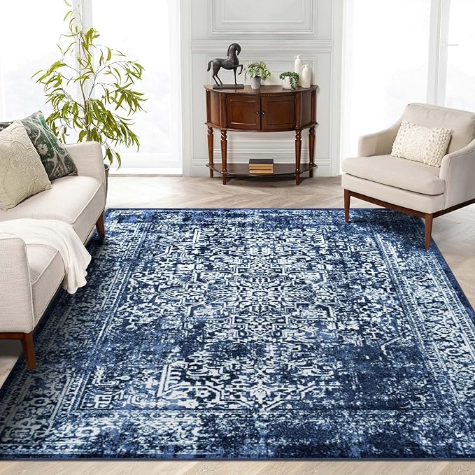 vivorug 8x10 Area Rugs, Stain Resistant Washable Rug for Living Room, Vintage-Inspired (Navy Blue, 8'x10')