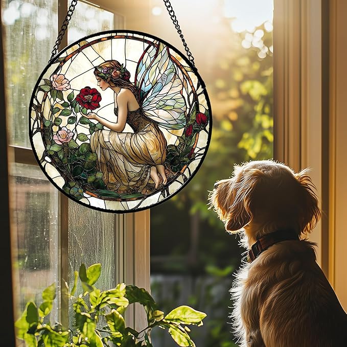 Stained Glass Window Hanging - Butterfly Flower Fairy Suncatcher for Door Terrace Garden Home Decor Yellow Green Plants Sun Catcher Birthday Gifts for Lovers Women Men Dad Mom Nana 15 in