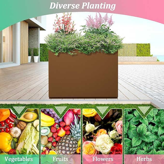 Metal Planter Box Rectangular Planter Box with Drainage Hole, Outdoor Large Planters, All-Weather Use, Rust-Resistance, for Flowers Plants, 35.4" L × 9.1" W × 25.6" H, Brown