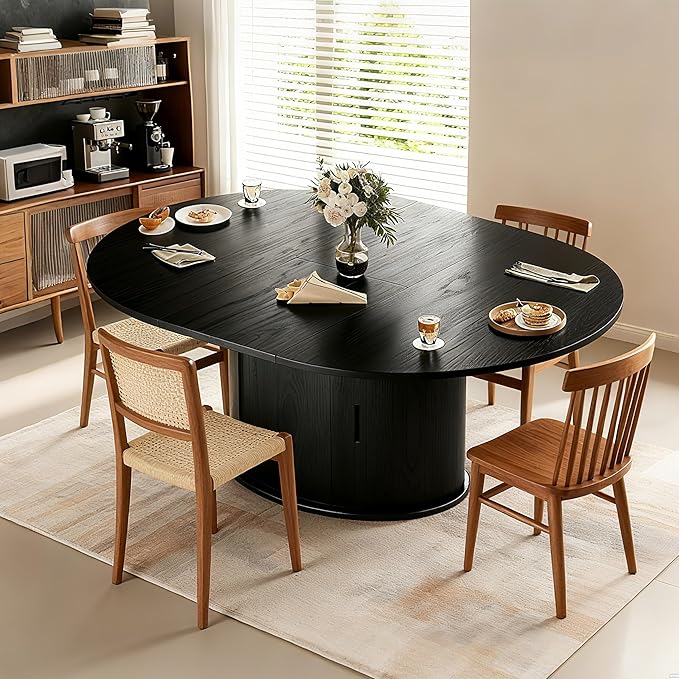 Wildhome Extendable Round Dining Table for 2-4-6, 63 Inch Dining Room Kitchen Table with 2-Tier Storage Shelf, Modern Farmhouse Fluted Wood Slide Door Dinner Furniture,Oval Circle,Black-63 Inch