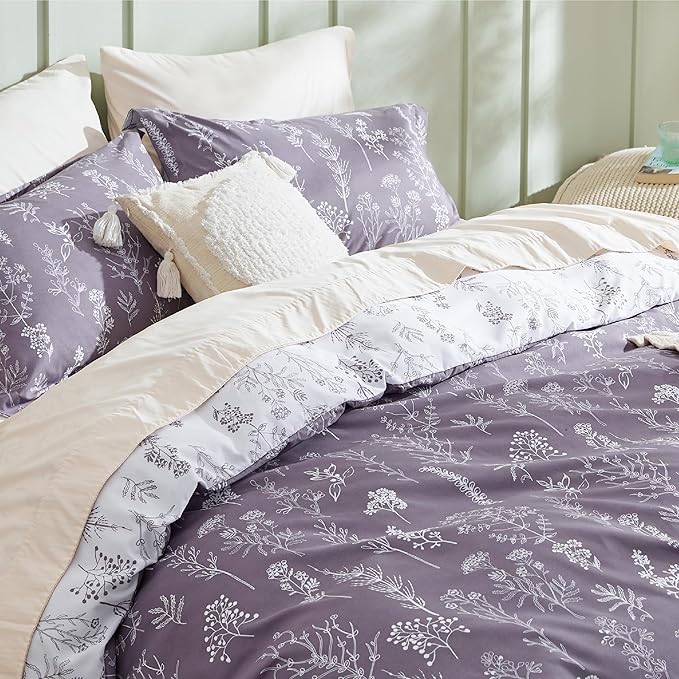 Bedsure Duvet Cover Queen Size - Reversible Grayish Purple Queen Duvet Cover Set with Zipper Closure, 3 Pieces Cute Floral Patterned Bedding Set with 8 Corner Ties and 2 Pillow Shams