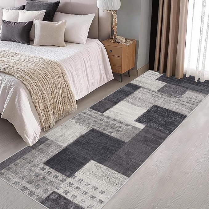 Modern Geometric Patchwork Indoor Runner Rug for Living Room, Charcoal 2.7'x 8' Rug Rockwood Collection Hardwood Floors Decor for Bedroom, Grey Throw Carpet for Office Entryway Dining Room