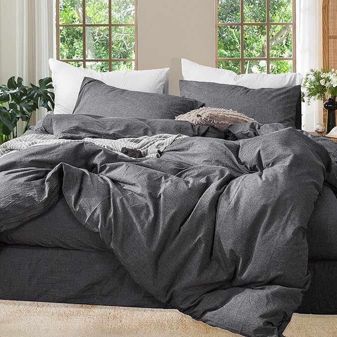 MooMee Bedding Duvet Cover Set 100% Washed Cotton Linen Like Textured Breathable Durable Soft Comfy (Heathered Dark Grey, Super King 108"x98")