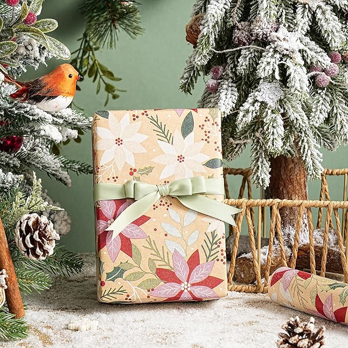 RUSPEPA Kraft Christmas Poinsettia Wrapping Paper Roll, Mini Roll, Red & Pink Floral with Greenery Design, Kraft Holiday Gift Wrap for Women, Family, Rustic Xmas Gifts, 17 Inches x 16.4 Feet
