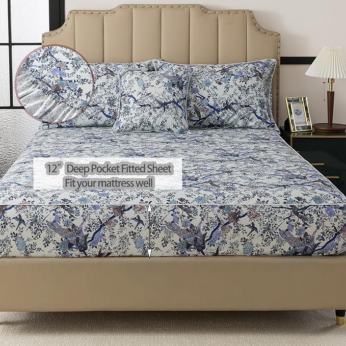 FADFAY Sheets Set Twin XL Botanical Bird Floral Bed Sheets Set Vintage Blue Farmhouse Bedding Shabby Branches Bedding Collections 100% Egyptian Cotton Breathable Soft Deep Pocket 4Pcs, Twin XL Size