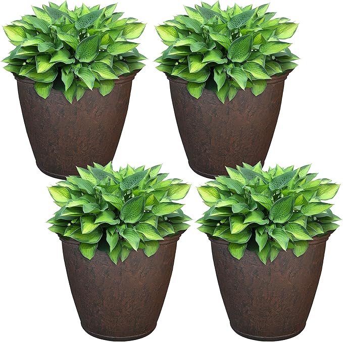 Sunnydaze 15.25-Inch Anjelica Large Plastic Pot for Plants - Double-Walled Outdoor Polyresin Round Planter with Drillable Drainage Holes - Rust - 4pk