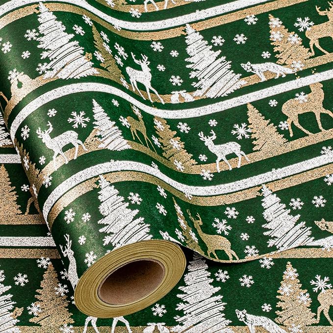 Yarcony Kraft Christmas Wrapping Paper, Green Wrapping Paper, Luxury Faux Sparkle Christmas Trees Reindeer Snowflake Heavy Duty Kraft Gift Wrap for Holidays, Winter Solstice (17 Inch X 33 Feet)
