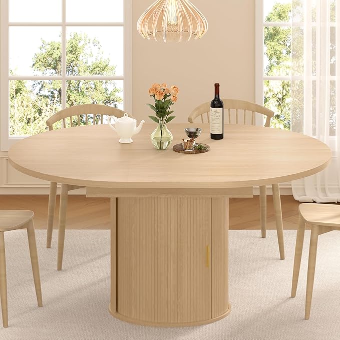 DHH 47"-63" Extendable Round Dining Table for 4–8 with Storage, Mid Century Modern Farmhouse Wood Oval Dinner Table with Pedestal Base for Kitchen, Living Room (Natural Wood)