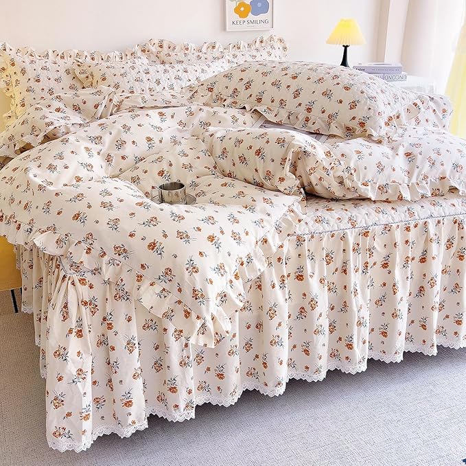 EAVD Cute Romantic Floral Duvet Cover King Soft Cotton Garden Small Floral Ruffled Bedding Set with 2 Pillowcases Fresh Chic Botaical Pattern Duvet Cover with Zipper Closure