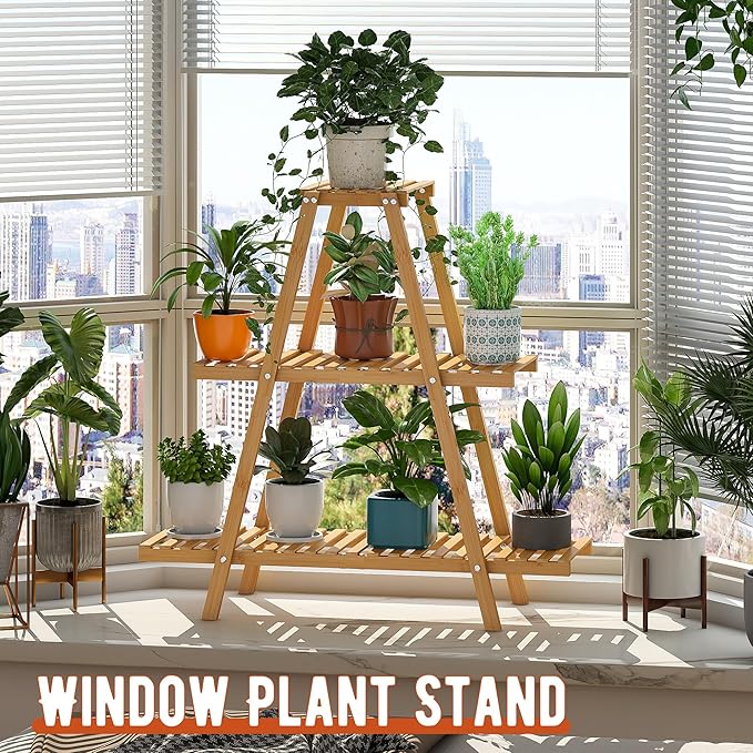 GHWIE Plant Stand Indoor Plant Shelf Outdoor bamboo Plant Rack, 3 Tiers Ladder Plant Holder Flower Stand for Living Room Balcony Garden Patio,Living Room Boho Home Decor for Gardening Gifts (Natural)