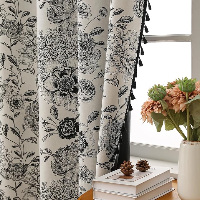 100% Blackout Black Floral Farmhouse Curtains Living Room Thermal Insulated Drapes Elegant Peony Pattern & Tassel Curtains 2 Panels Blocking Curtains for Windows Floral Drapes (52W*96L)