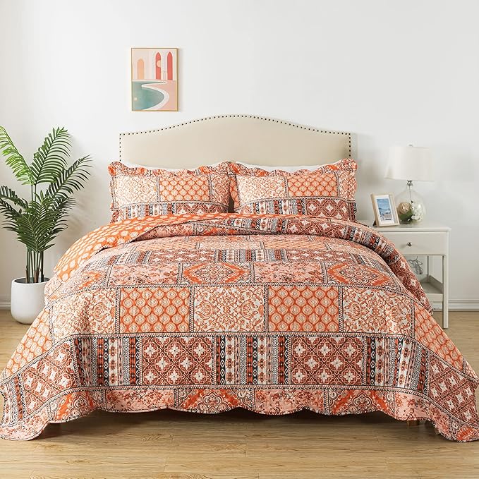 HoneiLife Vintage Quilt Sets Queen - 3 Pieces Microfiber Quilt Sets Lightweight Bedspreads Floral Coverlets Retro Bed Cover All Season Quilts-Pumpkin