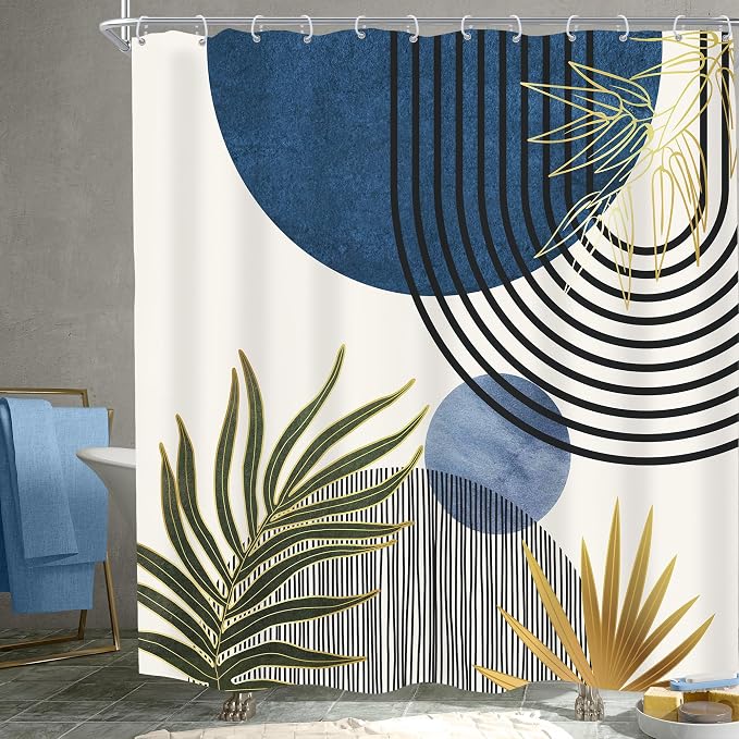 KOMLLEX Mid Century Blue Green Boho Shower Curtain 72Wx72L Inches Abstract Modern Shower Curtains for Bathroom Decor Plant Botanical Minimalist Arch Sun Fabric Liner Waterproof Polyester 12 Pack Hooks