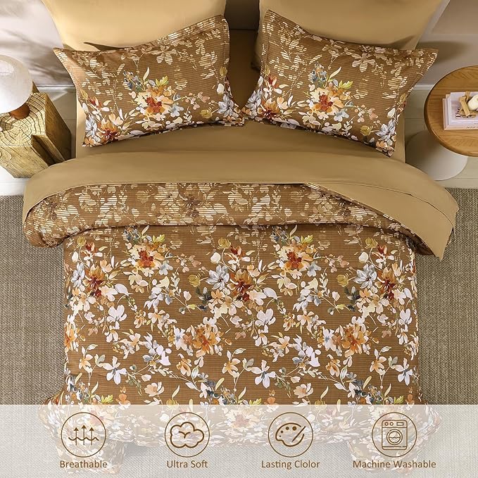 Dobuyly Fall Queen Comforter Set, 7 Pieces Brown Floral Comforter Set, Bed in a Bag Queen with Botanical Flowers Pattern, Farmhouse Queen Size Bedding Set with Sheets, Pillowcases & Shams