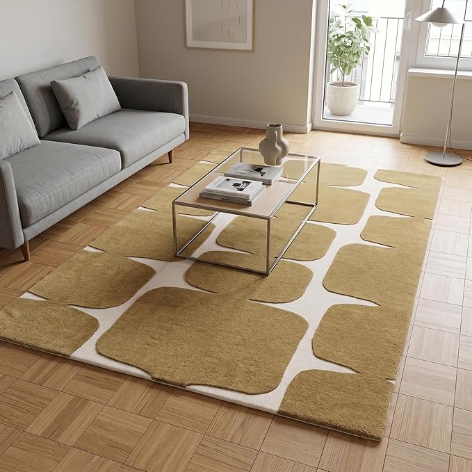 Restoration and Renovation Modern Wool Area Rug - Contemporary Abstract Geometric Design, Thick & Soft Hand-Tufted Carpet - Ideal for Indoor Decor in Living Room, Bedroom (Gold, 5' x 8')