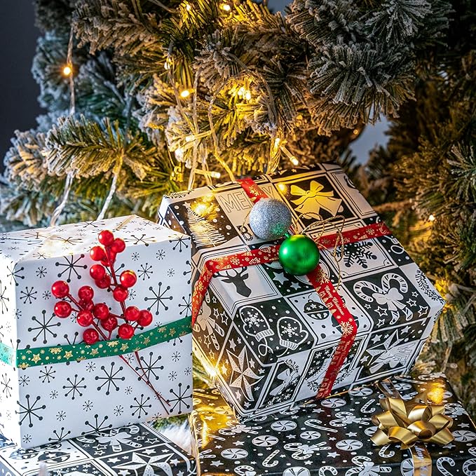 LeZakaa Christmas Wrapping Paper Mini Roll - Bell & Tree/Candy Canes/Snowflakes in Black & White for Gift Wrap, Arts Crafts - 17 x 120 inches - 3 Rolls (42.5 sq.ft.ttl.)