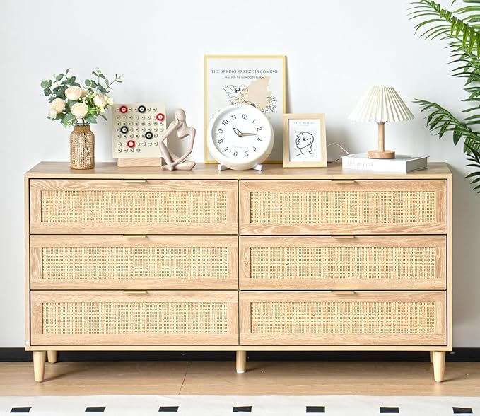 Fsbecl Rattan 6 Dresser for Bedroom, Chest of Drawers, 59'' Wide Modern Wooden Dresser Chest with Golden Handles, Storage Cabinet for Closet, Living Room, Entryway, Natural