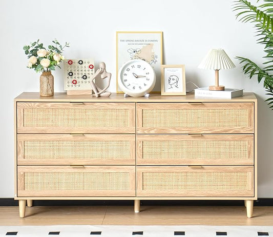 Fsbecl Rattan 6 Dresser for Bedroom, Chest of Drawers, 59'' Wide Modern Wooden Dresser Chest with Golden Handles, Storage Cabinet for Closet, Living Room, Entryway, Natural