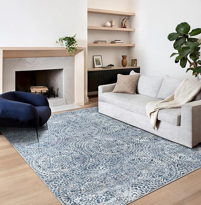vivorug 3x5 Rug, Small Area Rug for Living Room, Bedroom, Kitchen, Machine Washable Non-Slip Throw Rug, Vintage Medallion Carpet for Entryway Nursery Coffee Table - Durable (Blue)