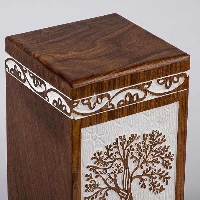 INTAJ Wooden Keepsake Cremation Urn for Human & Pet Ashes - Mini Tree of Life Urn Box & Casket - Holds 20 Cubic Inch