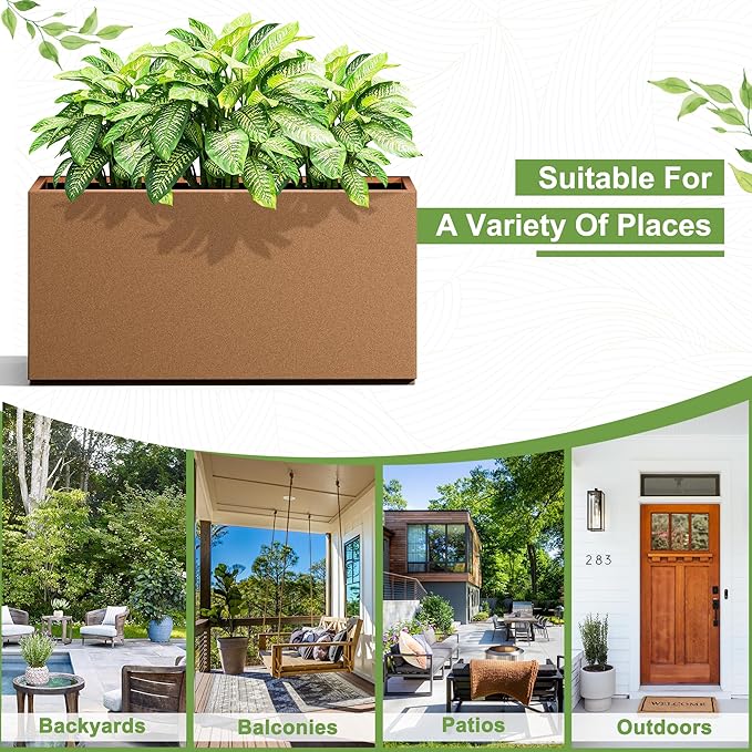 Metal Planter Box Rectangular Planter Box with Drainage Hole, Outdoor Large Planters, All-Weather Use, Rust-Resistance, for Flowers Plants, 32" L × 10" W × 16.3" H, Brown
