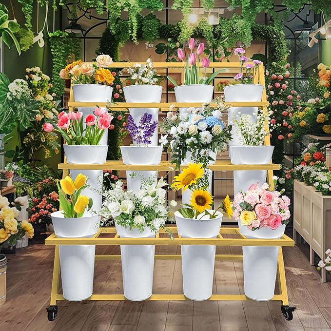 PROLEE Flower Display Stand with 12 Buckets, Flower Cart 3 Layers, Flower Stand Metal with Wheels, Moving Florist Bouquet Shelf, Triangular Rack, Gold