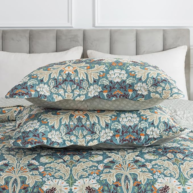 HoneiLife Queen Quilt Bedding Set - Microfiber Quilt Sets for Queen Bed, 3-Piece Lightweight Bedspreads,Reversible Coverlets Rustic Bed Cover, Floral Bedding Set All Season Quilts-Grayish Green
