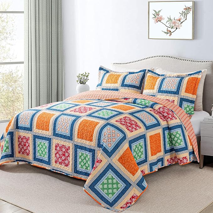 HoneiLife Quilt Set Queen Size - Retro Bedspreads 3-Pieces,Lightweight Coverlets for Queen Bed,Patchwork Bed Cover, Queen Quilt Bedding Set All Season Quilts-Orange