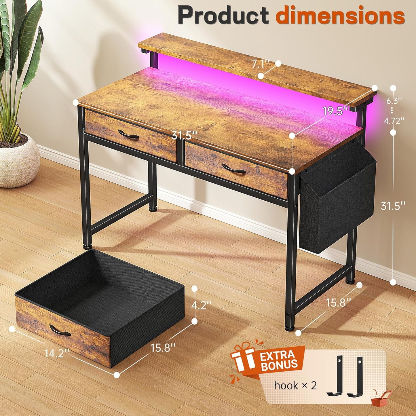 Skiennix Gaming Desk - LED Lights, 2 Drawers, Ergonomic Monitor Stand | Rustic Brown, 31.5 Inch