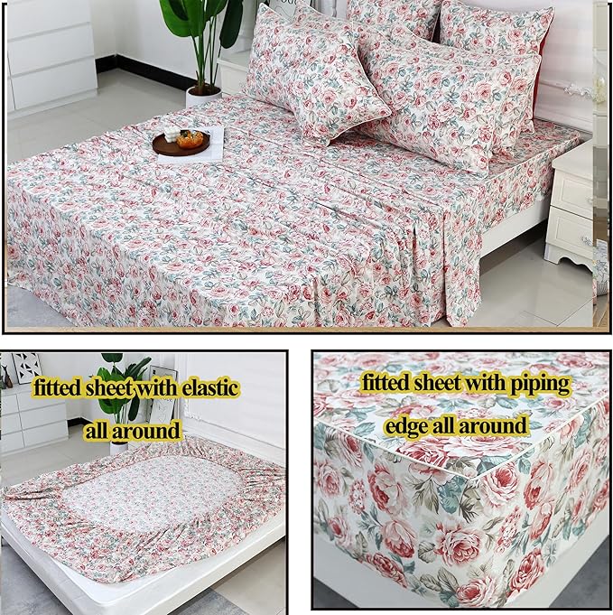 FADFAY Rose Floral Sheets Set King Vintage Red Floral Bedding Shabby Rustic Rose Sheets French Country Farmhouse Bedding 800 Thread Count 100% Egyptian Cotton Deep Pocket Fitted Sheet 4Pcs, King Size