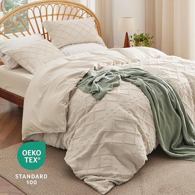 Bedsure Boho Duvet Cover King Size with Fitted Sheet - Boho Bedding Comforter Set, 4 Pieces, Includes 1 Duvet Cover 104"x90" with Zipper Closure, 2 Pillow Shams, 1 Fitted Sheet, Beige