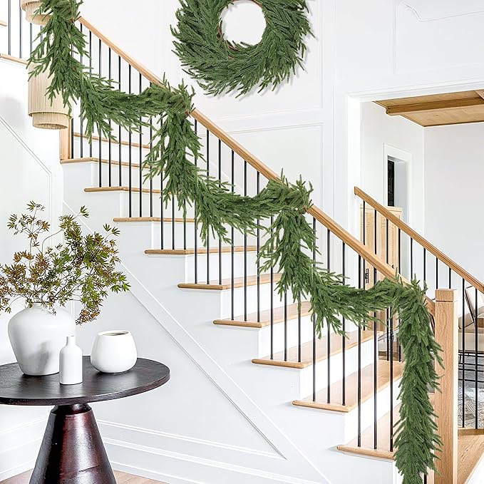 6 Ft Christmas Norfolk Pine Garland Real Touch Artificial Faux Greenery Christmas Garland Decorations for Home Mantle Table Stairs Fireplace Door Indoor Outdoor Holiday Decor